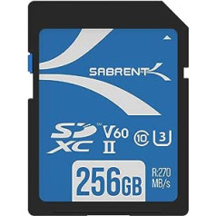 SABRENT SD karte 256 GB V60, SDXC karte UHS II, SD atmiņas karte, klase 10, U3, R270 MB/s W170 MB/s Full HD Ultra 8K profesionāliem fotogrāfiem, videogrāfiem, video emuāriem (SD-TL60-256 GB)