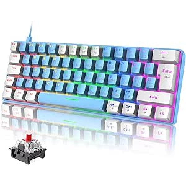 ZIYOU LANG T61 pārnēsājamas 60% spēļu mehāniskās tastatūras ar sarkaniem slēdžiem, 19 Rainbow Light Up tastatūra, Lielbritānijas izkārtojuma USB-C kabelis, Mini Compact 62 taustiņu anti-ghosting operētājsistēmai PC, Mac, PS4, Xbox Blue &