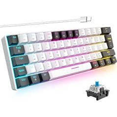 ZIYOU LANG T60 60% mehāniskā spēļu tastatūra, 62 taustiņi, kompakta mini vadu tastatūra, 18 RGB LED apgaismojums, zils slēdzis, peldoši taustiņu vāciņi operētājsistēmai Windows PC PS4 Xbox (balts un melns)