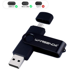 Wansenda OTG USB 2.0 zibatmiņas disks 16 GB 32 GB 64 GB 128 GB USB Android tālruņiem/personālajam datoram/planšetdatoram/Mac, melns 64 GB