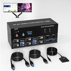 Divu monitoru KVM slēdzis DisplayPort 4K @ 60 Hz, DP KVM slēdzis 2 datori 2 monitori, KVM slēdži ar 3 USB 3.0 portiem + audio + mikrofons 2 datoriem Kopīgojiet tastatūru, peli un monitoru