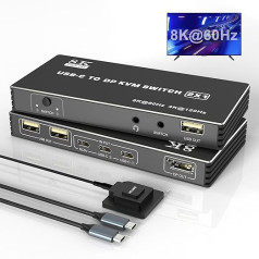 USB C KVM Switch 8K@60Hz 4K@120Hz, 2-Port Type C KVM Switch for 2 Computers, 1 DisplayPort Monitor, USB C KVM with 3 USB 2.0 Devices and Microphone Audio, USB-C Switch for Thunderbolt and MacBook Pro