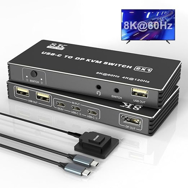 USB C KVM slēdzis 8K@60Hz 4K@120Hz, 2-portu C tipa KVM slēdzis 2 datoriem, 1 DisplayPort monitors, USB C KVM ar 3 USB 2.0 ierīcēm un mikrofona audio, USB-C slēdzis Thunderbolt un MacBook Pro