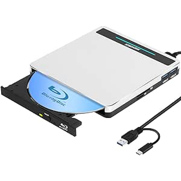 SOMDARHK ārējais Blu-Ray CD DVD diskdzinis, USB 3.0 Type C ārējais Blu-Ray atskaņotāja CD/DVD-ROM rakstītājs, Slimline Blue Ray diska ārējie Blu-Ray diskdziņi klēpjdatoram MAC Book Air Pro Apple Windows 1