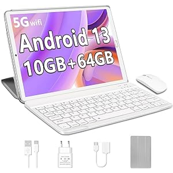 YESTEL planšetdators 10 collu Android 13, 10 GB RAM + 64 GB ROM (paplašināms līdz 1 TB), 5G Wi-Fi, GPS, astoņkodolu, Bluetooth 5.0, 6000 mAh, planšetdators ar tastatūru un peli, sudraba krāsa