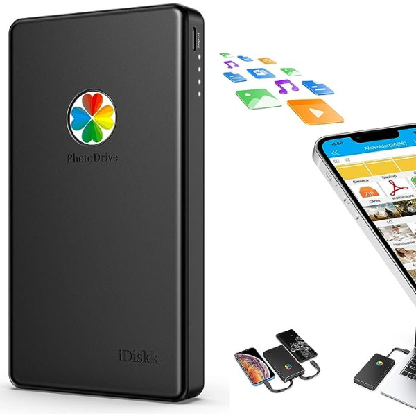 iDiskk 2TB (2000 GB) ārējais Lightning iPhone cietais disks, sertificēts 3 vienā ar 3 iebūvētiem kabeļiem Portatīvais cietais disks USB-C cietais disks iPhone/iPad/Mac/PC un C tipa tālruņiem (melns)