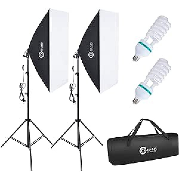 OMBAR Softbox komplekts fotostudija 2 x 50 x 70 cm, profesionāla fotografēšana ar 2 x 135 W 5500 K E27 dienasgaismas lampu un soma studijas portretiem, video ierakstīšanai, modes fotogrāfijām