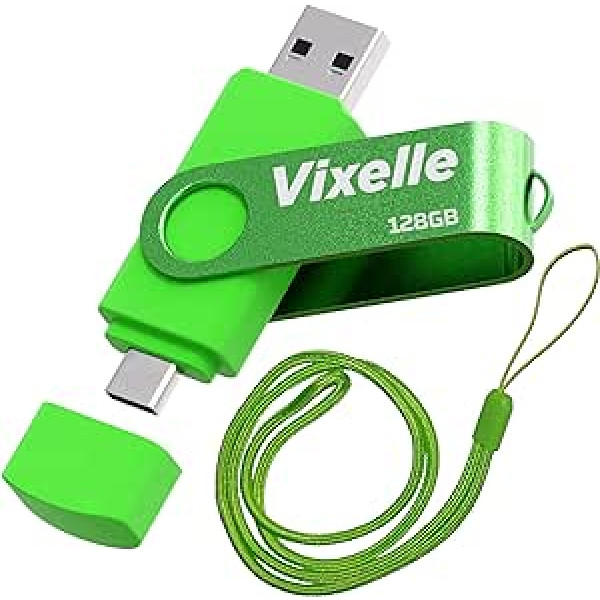 Vixelle 128GB High Speed USB 3.0 Type-C Flash Drive with Lanyard - 2-in-1 Dual USB C Memory Stick - 360° Swivel Pen Drive with Lanyard - 128GB USB Stick for Smartphone, Tablet & Computer - Green