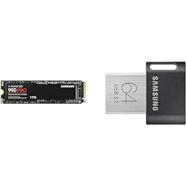 Samsung 990 PRO NVMe M.2 SSD & FIT Plus USB Flash Drive Type-A, 64GB, 300MB/s Read, 30MB/s Write, Compact USB 3.1 Flash Drive with Key Ring, Gray, MUF-64AB/APC