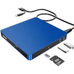 HATOKU ārējais CD DVD diskdzinis, USB 3.0 un C tipa pārnēsājams CD DVD rakstītājs ar SD/TF karšu lasītāju un 2 USB pieslēgvietām, ārējie optiskie diskdziņi personālajiem datoriem/klēpjdatoriem/Linux/Mac/Windows 11/10/8/7 (zils )