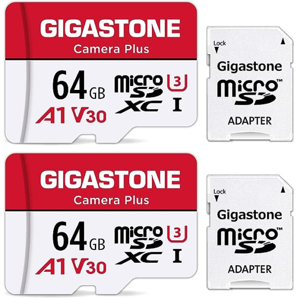 Gigastone Kamera Plus 64GB MicroSDXC Speicherkarte 2er-Pack + SD Adapter, für Action-Kamera und Drohne, Lesegeschwindigkeit bis zu 95MB/s, Full HD-Videoaufnahme, A1 U3 Klasse 10 Micro SD Karte UHS-I