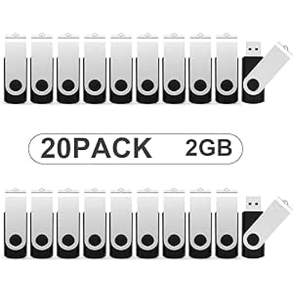 KOOTION Pack of 20 USB Sticks 2 GB Memory Sticks USB 20 Pack Set Data Stick Memory Sticks 2G 20 Gab USB Flash drives Krāsaini USB 2.0 USB zibatmiņas diski Metāla Flash Stick 2 Gbyte Memory Sticks Melns