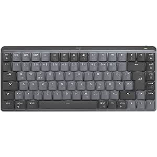 Logitech MX mehāniskā bezvadu mini tastatūra ar apgaismojumu, taustāmi klusi taustiņi, fona apgaismojums, Bluetooth, USB-C, MacOS, Windows, Linux, iOS, Android, metāls, vācu QWERTZ — pelēks