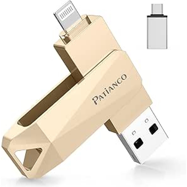 Patianco MFi sertificēta USB zibatmiņa iPhone 256 GB Memory Stick ārējās atmiņas paplašinājums iPad USB 3.0 Pendrive zibatmiņas diskam mobilais tālrunis 3 in1 C tipa Android/iPad/iPhone/klēpjdatoram/personālajam datoram/iOS (256 GB)