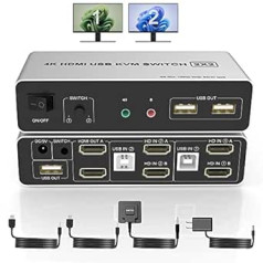 Dual Monitors HDMI KVM Switch 2 Computer, Supports EDID, 4K @ 60Hz HDMI KVM Switch 2 PC 2 Monitors Extended Display with Audio Microphone Output and 3 USB Ports, PC Monitor Keyboard Mouse Switcher