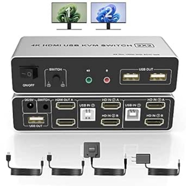 Divi monitori HDMI KVM slēdzis 2 dators, atbalsta EDID, 4K @ 60Hz HDMI KVM slēdzis 2 datori 2 monitori paplašināts displejs ar audio mikrofona izvadi un 3 USB porti, datora monitora tastatūras peles pārslēdzējs