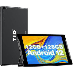 TJD Android 12 Tablet 10 Inches, 12GB RAM + 128GB ROM + 512GB MicroSD, Quad-Core 2.0GHz, IPS Full HD Touch Screen, 8MP + 2MP Camera, Wi-Fi, Bluetooth, 6000mAh, Google GMS, 2 Speakers, Black