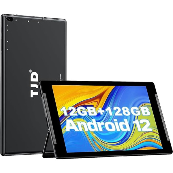 TJD Android 12 planšetdators 10 collas, 12 GB RAM + 128 GB ROM + 512 GB MicroSD, četrkodolu 2,0 GHz, IPS Full HD skārienekrāns, 8 MP + 2 MP kamera, Wi-Fi, Bluetooth, 6000 mAh, Google GMS, 2 skaļruņi, melns