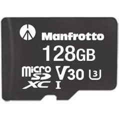 Manfrotto 128GB MicroSDXC profesionālā atmiņas karte UHS-I V30 U3 90MB/s Lasīšana 90MB/s Rakstīšana Ideāla atmiņas karte darbības kamerām, bezpilota lidaparātiem un karte augstas kvalitātes video un fotoattēliem