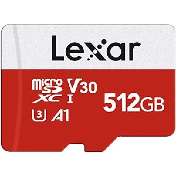 Lexar Micro SD karte 512 GB, atmiņas karte Micro SD ar adapteri, lasīšanas ātrums līdz 100 MB/s, UHS-I, U3, A1, V30, C10, 4K UHD MicroSDXC SD karte kamerai, viedtālrunis