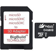 BigBuild tehnoloģija 64 GB īpaši ātra 80 MB/s 10. klases MicroSD atmiņas karte Huawei MediaPad T3 10 planšetdatoram, iekļauts SD adapteris