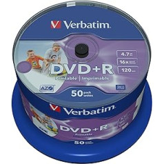 Verbatim DVD+R Wide Inkjet Printable 4,7GB, 50er Pack Spindel, DVD Rohlinge bedruckbar, 16-fache Brenngeschwindigkeit & Hardcoat Scratch Guard, DVD-R drukājams, DVD leer, Rohlinge DVD