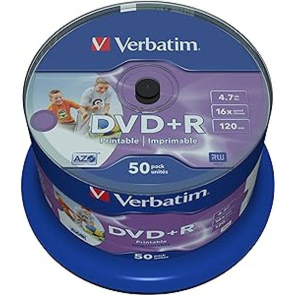 Verbatim DVD+R Wide Inkjet Printable 4,7GB, 50er Pack Spindel, DVD Rohlinge bedruckbar, 16-fache Brenngeschwindigkeit & Hardcoat Scratch Guard, DVD-R drukājams, DVD leer, Rohlinge DVD