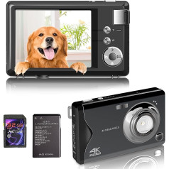 Digitālā kamera, 4K HD 1080P 48MP fotokamera Kompaktkamera, Mini digitālā kamera ar 32 GB SD-kartes FHD fotokamera, digitālā kamera ar LCD-Bildschirm 16X Digitalzoom für Anfänger (Schwarz)