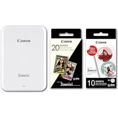 Canon Zoemini mini drukas komplekts, fotoprinteris + fotopapīrs, 20 x ZINK ZP-2030 + 10 apļa uzlīmes (mobilā tūlītējā drukāšana, Bluetooth, 5 x 7,5 cm fotoattēli, akumulators, bez tintes, iOS, Android, Drukas lietotne), balta