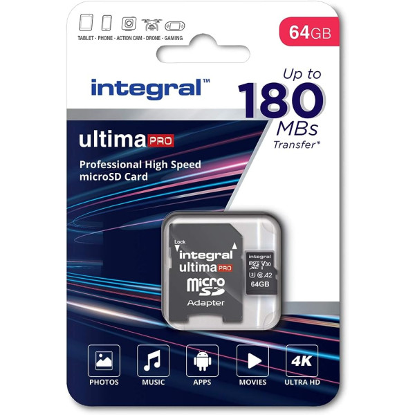 Integral Memory 64GB microSDxC UltimaPro Ultra High Speed Up to 180MB/s Read 80MB/s Write Class 10 V30 UHS1 U3 A2 SD Adapter