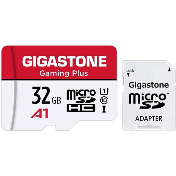 Gigastone Gaming Plus 32GB MicroSDHC Memory Card and SD Adapter, Action Cameras and Drones, Read Speed up to 90MB/s, Full HD Video Recording, Micro SD Card UHS-I A1 U1 Class 10