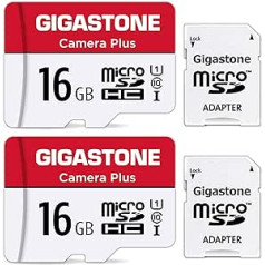 Gigastone Camera Plus 16GB MicroSDHC atmiņas karte 2 pack + SD adapteris darbības kamerai un drona lasīšanas ātrums līdz 85 MB/s, Full HD video ierakstīšana, U1 klase 10 mikroSD karte UHS-I