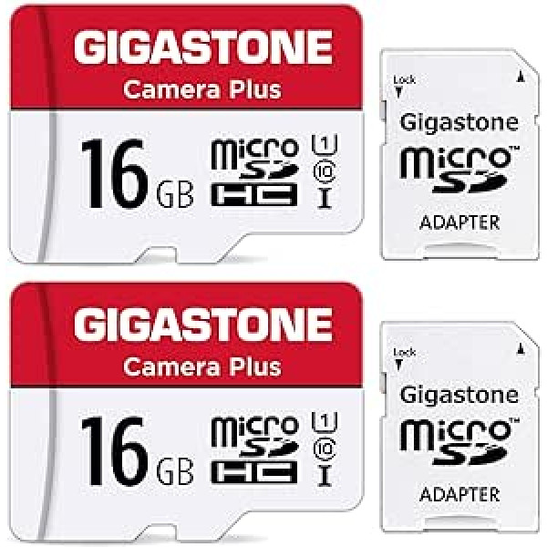 Gigastone Camera Plus 16GB MicroSDHC atmiņas karte 2 pack + SD adapteris darbības kamerai un drona lasīšanas ātrums līdz 85 MB/s, Full HD video ierakstīšana, U1 klase 10 mikroSD karte UHS-I