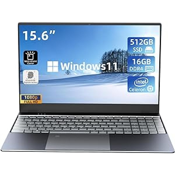 Morostron klēpjdators 15,6 collu Windows 11 piezīmjdators 16 GB RAM 512 GB SSD, Celeron N5095, FHD IPS displejs 1920X1080, maiņstrāvas WiFi, USB 3.0, C tips, pirkstu nospiedumu atpazīšana, metāla korpuss — pelēks