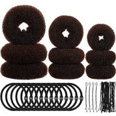 Willbond Iepakojumā 9 donut Hair Bun Maker Formas putu sūklis Donut Bun Gredzenu stila komplekts ar 12 daļām matu gumijas saitēm un 32 daļām matu sprādzēm meitenēm (brūns)