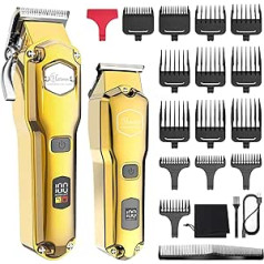 Hatteker matu griešanas un trimmeru komplekts vīriešiem, IPX7 ūdensizturīgs bezvadu frizieru trimeris matu griešanai, komplekts ar T asmeņu trimeri, bērnu griezējs, profesionāls USB uzlādējams (zelts)