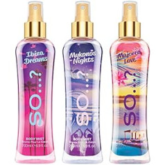 So…? Tātad…? Summer Escapes Women's Body Mist Ibiza Dreams, Mykonos Nights, Majorca Love Bodyspray, jauktu aromātu komplekts, 200 ml (3 iepakojumā)