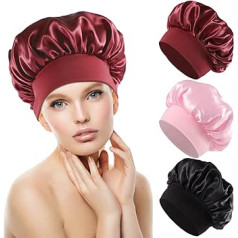 Pimoys Hair Bonnet gulēšanai, Satīna Bonnet zīda matu ietīšana ar platu elastīgo joslu, Mīksto matu miega vāciņi cirtainiem matiem un taisniem matiem, melns, iepakojumā 3, melns