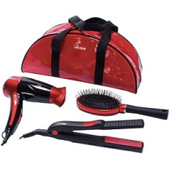 Ardes - Women Travel Set Handbag with Beauty Set - Folding Mini Travel Hairdryer + Portable Hair Straightener + Travel Hair Brush - Color Red