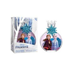 Air-Val International Frozen II Smaržas bērniem: Tualetes ūdens skaistā stikla pudelē, mirdzoša sniegpārsla un kroņa vāciņš ar Annu un Elzu, aromāts meitenēm (100 ml)
