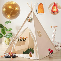 Tiny Land Teepee telts bērniem ar gaismām un ugunskura rotaļlietu un somu, mazgājama bērnu telts iekštelpām, Teepee telts bērnu istaba, rotaļu telts meitenēm un zēniem, rotaļlieta 3–5 gadiem