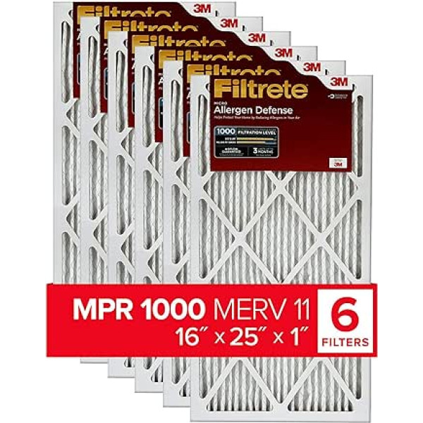 Filtrete 16x25x1, AC Oven Air Filter, MPR 1000, Micro Allergen Defense, Pack of 6 (Exact Dimensions 15.69 x 24.69 x 0.81)