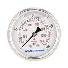 Measureman 2" ciparnīcas izmērs, glicerīna pildīts spiediena mērītājs, 0-200 psi/kpa, 304 nerūsējošā tērauda korpuss, 1/4" NPT centrālais aizmugures kronšteins