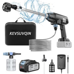 Kevsuvqin Battery Pressure Washer with Battery 21 V 4.0 Ah, Max 45 Bar Mobile Pressure Washer with 6-in-1 Multifunctional Nozzle, Pressure Washer Battery for Car Washing, Boat, Floor, Swimming Pool, Watering