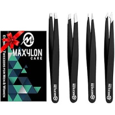 Maxylon Care Facial Hair Tweezers for Women and Men, Stainless Steel Tips for Precise Care Eyebrow Professional Black Tweezers for Ingrown Hair, 4 Pieces