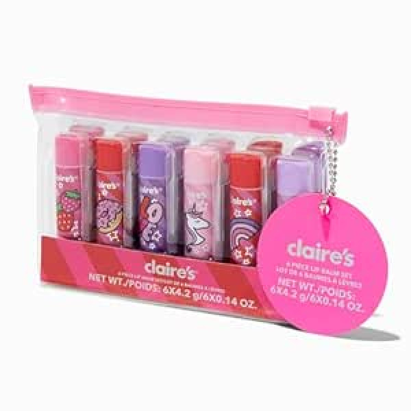 Claire's Bling Sweets garšu lūpu balzama komplekts bērniem - gvajaves, vīnogu, zemeņu, aveņu, vates konfektes, augļu punčs, 6 x 4,2 g