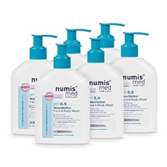 Numis Med Wash Lotion pH 5,5-6 iepakojumā Ādas nomierinošs ķermeņa losjons ļoti jutīgai un jutīgai ādai - vegānisks ādas kopšanas losjons bez silikoniem, parabēniem un minerāleļļām - ķermeņa losjons (6 x 200 ml)