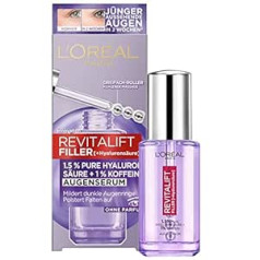 L'oréal Paris acu serums ar 1,5% hialuronskābi un 1% kofeīnu mirdzošai acu zonai, ar atvēsinošu bumbiņu aplikatoru, Revitalift Filler acu serums, 1 x 20 ml