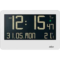 Braun Centrāleiropas laika zonas (DCF) digitālais radio sienas pulkstenis ar iekštelpu temperatūru, datums, nedēļas diena, liels apgriezts LCD displejs, Crescendo skaņas signāls baltā krāsā, modelis BC14W-DCF