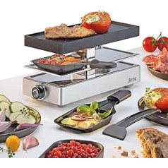 Pavasara klasisks Raclette 2 personu sudraba galda grils Elektriskais, nepiedegošs pārklājums, alumīnija grila plāksne, 2 pannas un skrāpis, stāvošs 25,5 x 1 x 12,5 cm 440 W Raclette grils